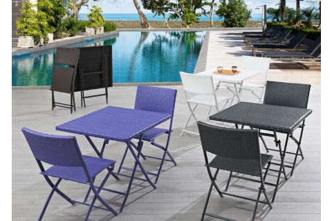 Ensemble guéridon acier pliant en résine tressée coloris violet + 2 chaises pliantes